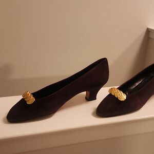 Yves Saint Laurent Deep Plum Suede Low Heel Pumps with Gold Accents